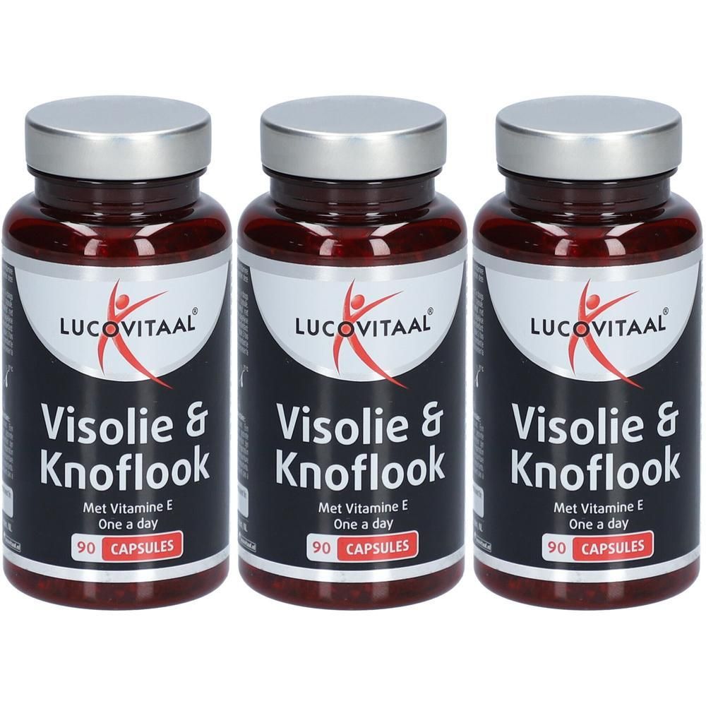 Trois flacons de gélules. Inscription : Visolie & Knoflook, Met Vitamine E, 90 gélules. Marque : LUCOVITAAL.