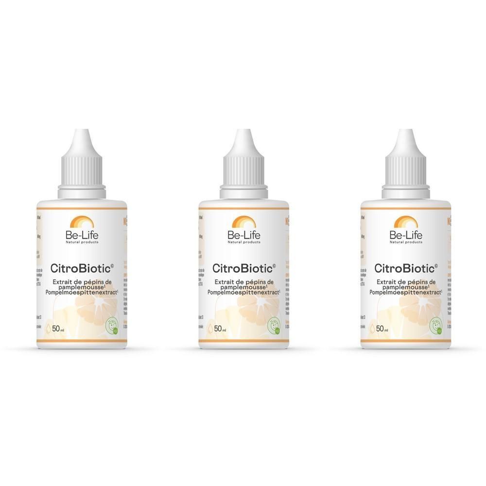 Drie flessen met witte dop en etiket. Op het etiket staat "Be-Life Citrobiotic".