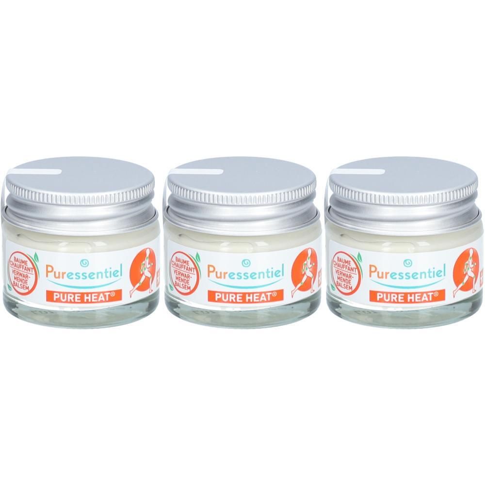 Trois pots en verre avec couvercles argentés. Étiquettes "Puressentiel PURE HEAT". Étiquette orange avec une personne en mouvement.