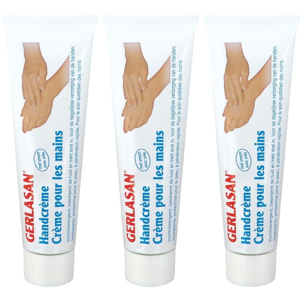 Trois tubes de crème pour les mains. Chaque tube porte l'inscription "GERLASAN Handcrème Crème pour les mains". Les tubes montrent une image de mains.
