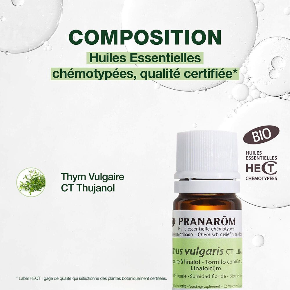 Flacon d'huile essentielle de thym. Marque Pranarôm. Étiquettes vertes, bouchon blanc. Texte : Huiles essentielles chémotypées, BIO.