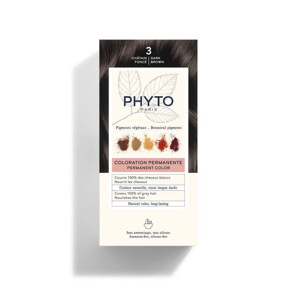 Verpakking Phyto Phytocolor 3 Châtain Foncé. Tekst: Coloration Permanente. Kleurvoorbeelden en productinformatie.
