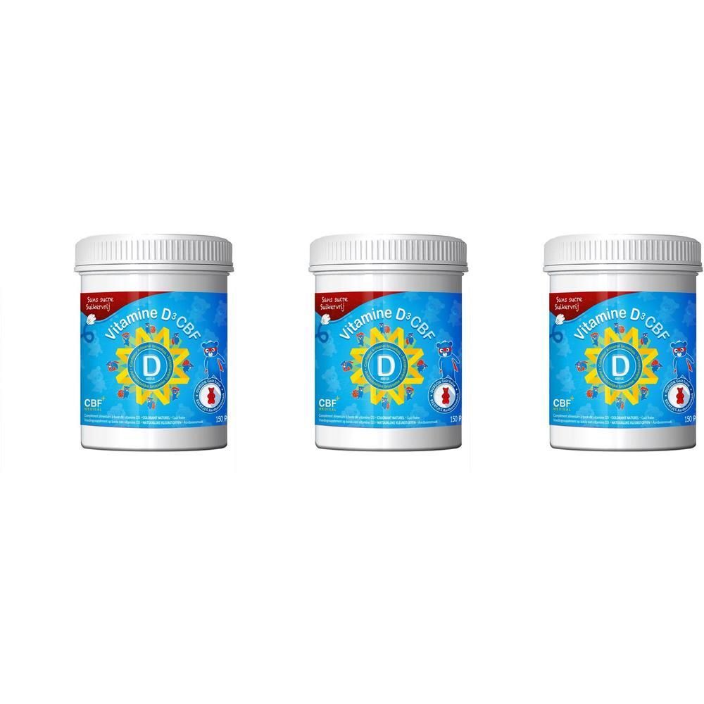 Trois pots blancs avec étiquettes bleues. Inscription: Vitamine D3 CBF. Fleur jaune, cercle rouge.