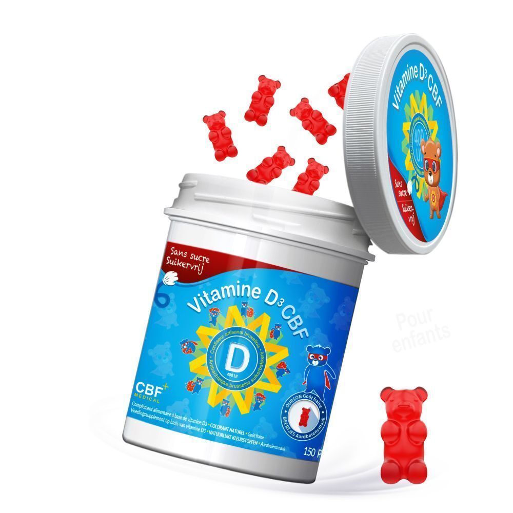 Witte pot met deksel. Blauw etiket: Vitamine D3 CBF, Sans sucre. Rode gummyberen vallen eruit.