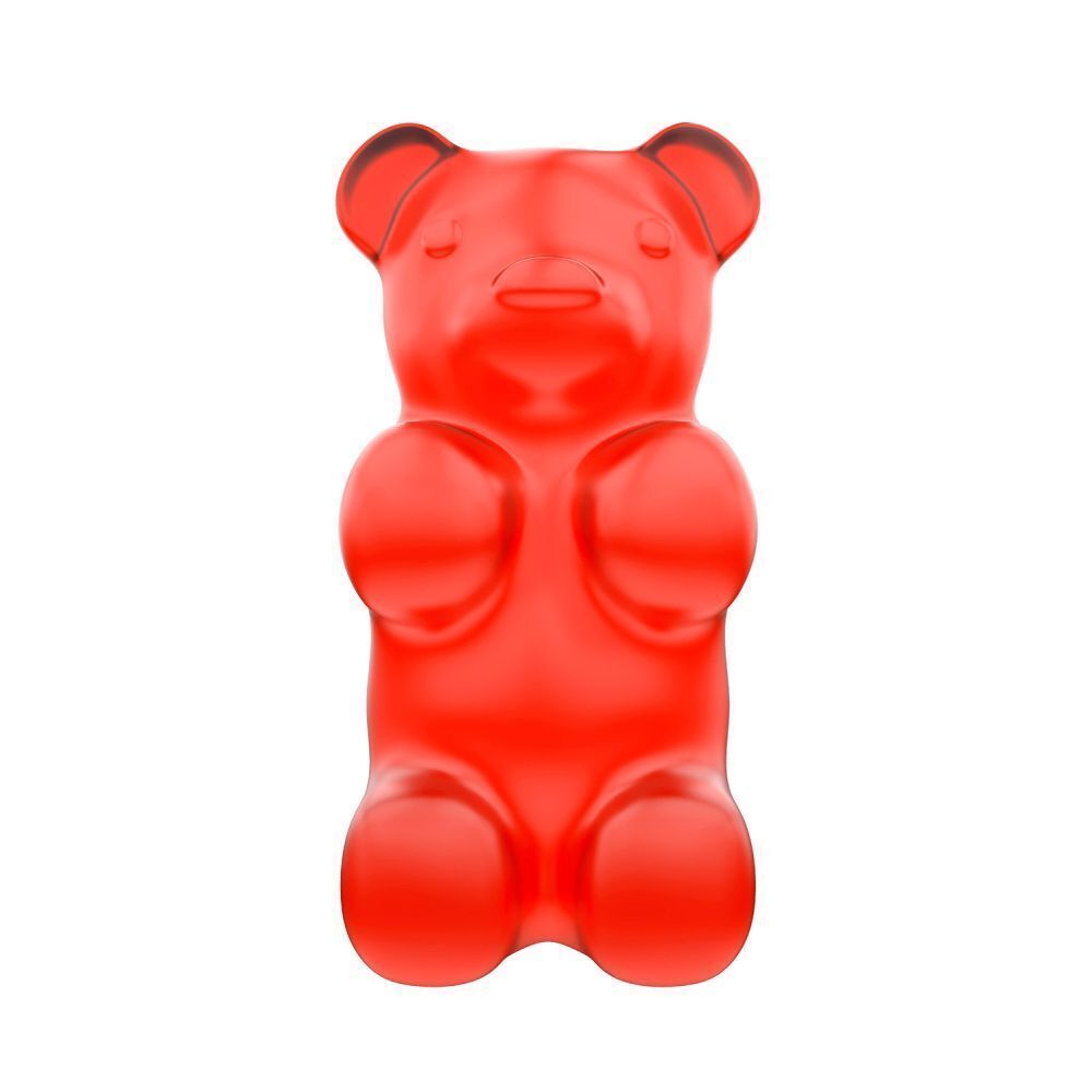 Rode gummybeer, staand. Transparant materiaal, details zichtbaar.