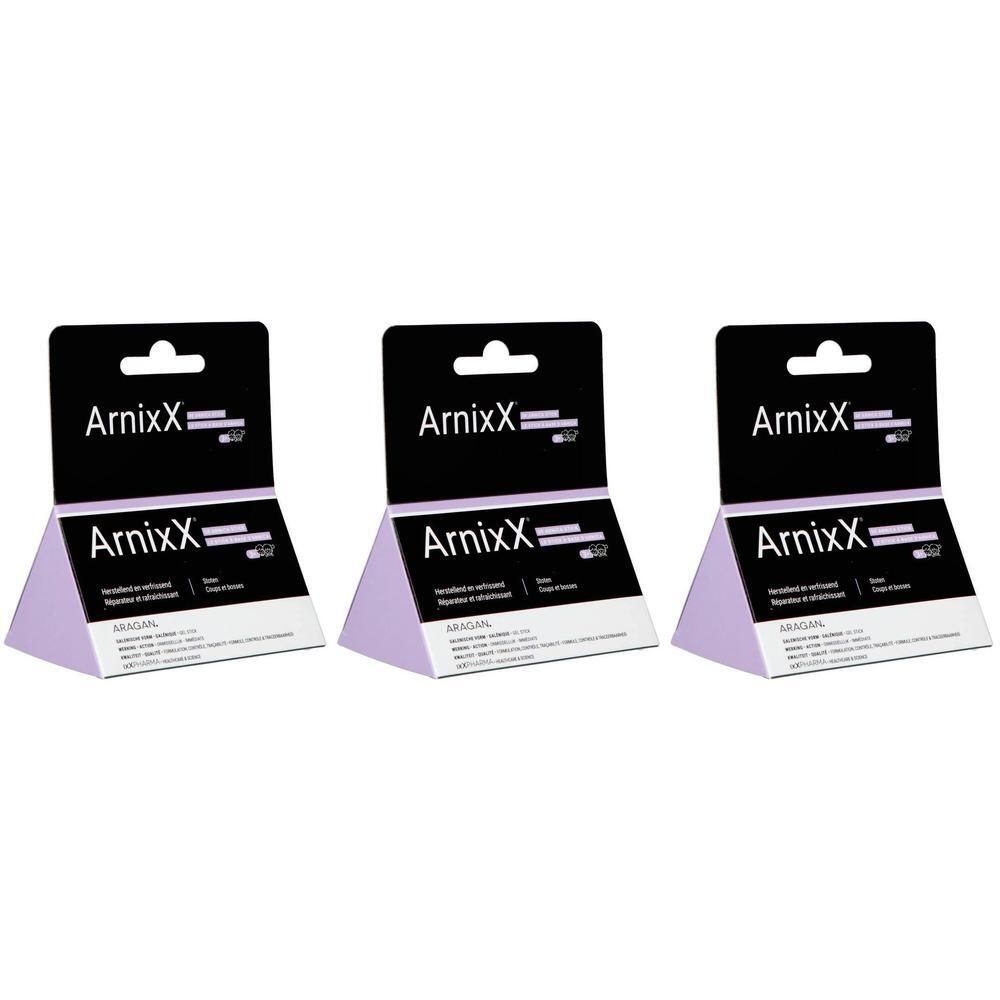 Drie ArnixX verpakkingen, zwarte displays met productnaam en paarse basis. Opschrift: Soulagement immédiat coups et bosses.