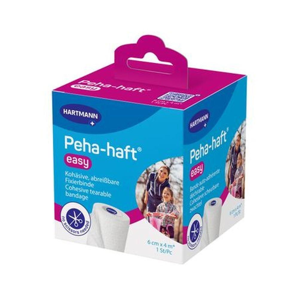 Verpakking van Peha-haft easy. Blauwe en roze doos met productnaam, merk Hartmann en rol verband. Afmeting: 6 cm x 4 m.
