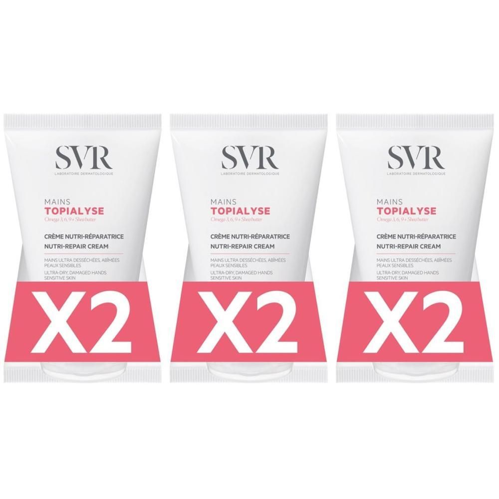 Trois tubes de crème pour les mains sur fond blanc. Chaque tube porte les inscriptions SVR, MAINS TOPIALYSE et Crème Nutri-Réparatrice. En dessous, X2 sur fond rose.
