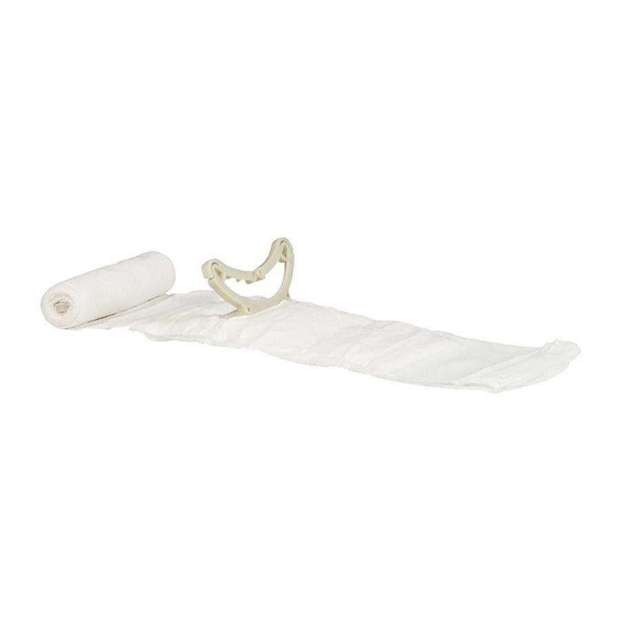 Bandage blanche déroulée, avec applicateur. Sur fond blanc.