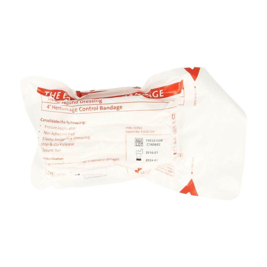 Verpakte wondverband. Opschrift: 4" Hemorrhage Control Bandage. Met informatie.