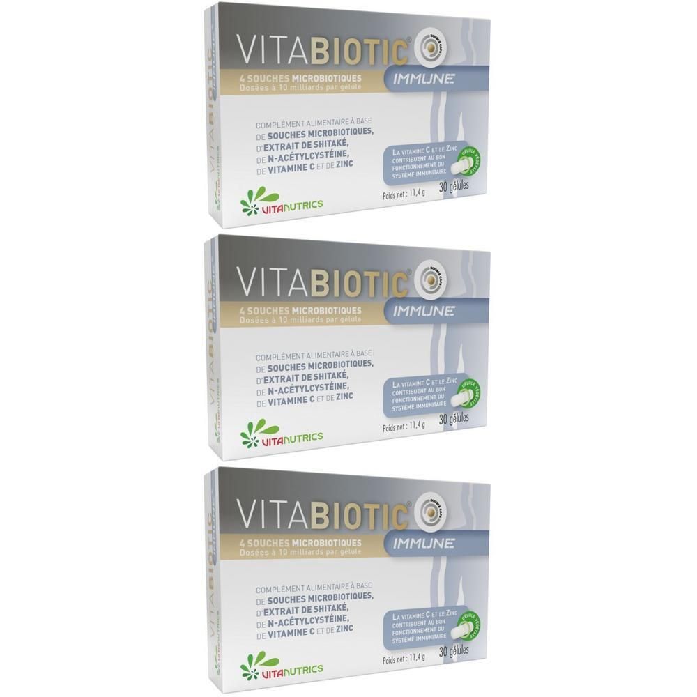Drie dozen Vitabiotic Immune. Opschrift: 4 microbenstammen, shiitake-extract, N-acetylcysteïne, vitamine C, zink. Groen kwaliteitsmerk.