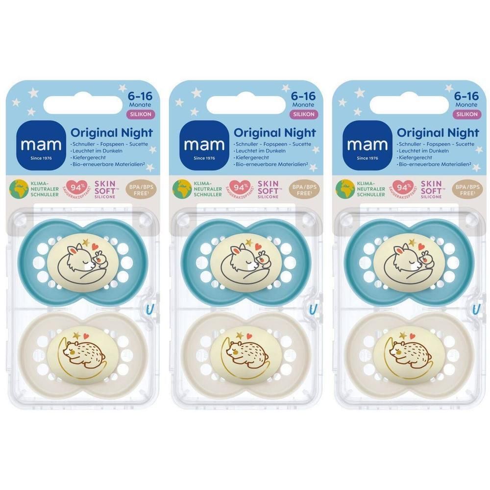 Trois tétines MAM Original Night 6-16 mois, en emballage blister. Bleu clair et crème, motif animal. En silicone.