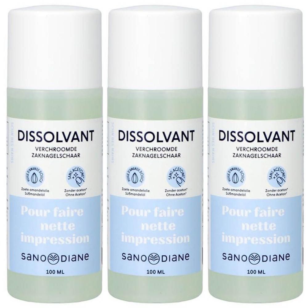 Trois flacons de dissolvant Sanodiane. Bouchon blanc, liquide transparent. Texte: Dissolvant, Pour faire nette impression.