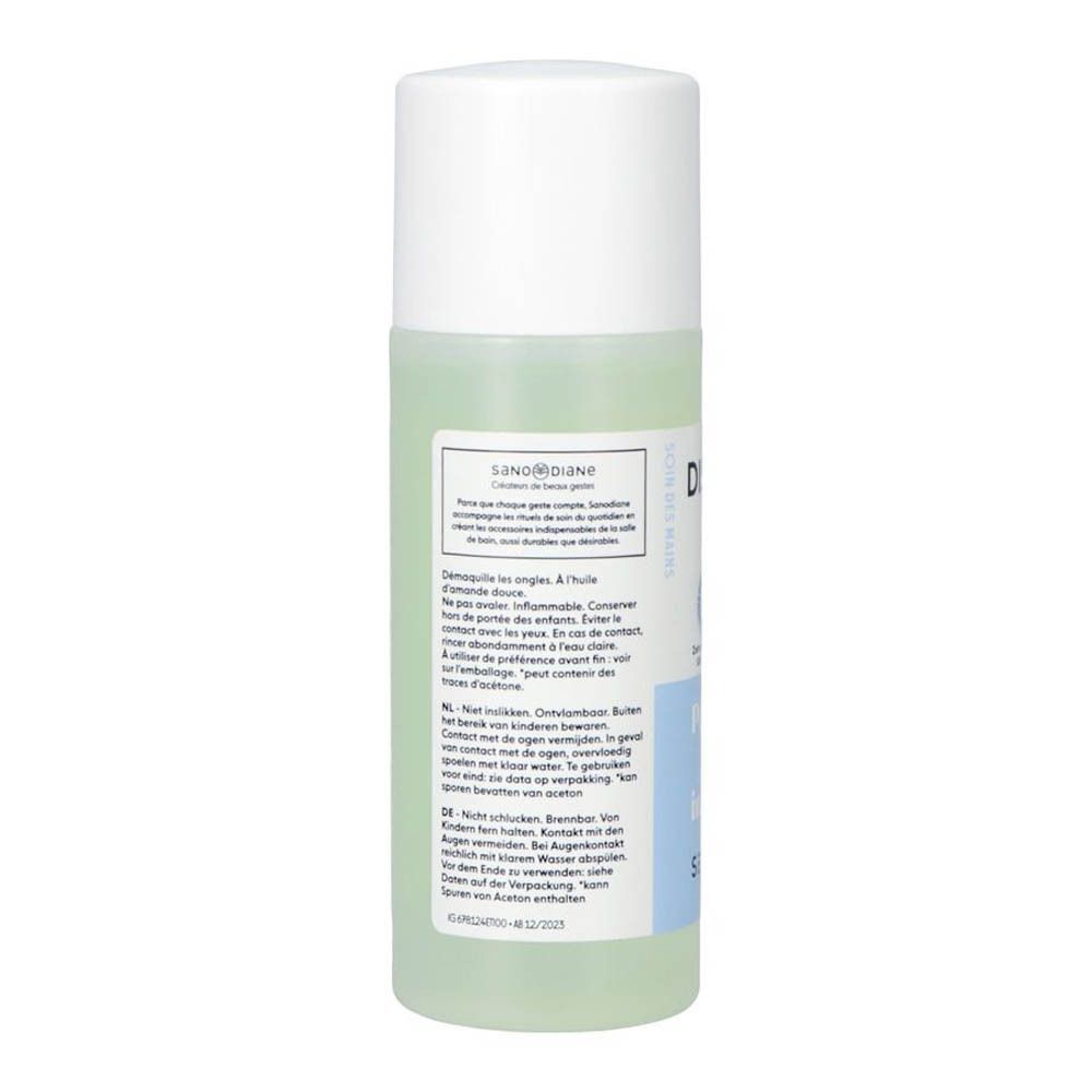 Flacon de dissolvant Sanodiane. Bouchon blanc, liquide transparent. Texte: Sanodiane, Dissolvant, Pour faire nette impression.