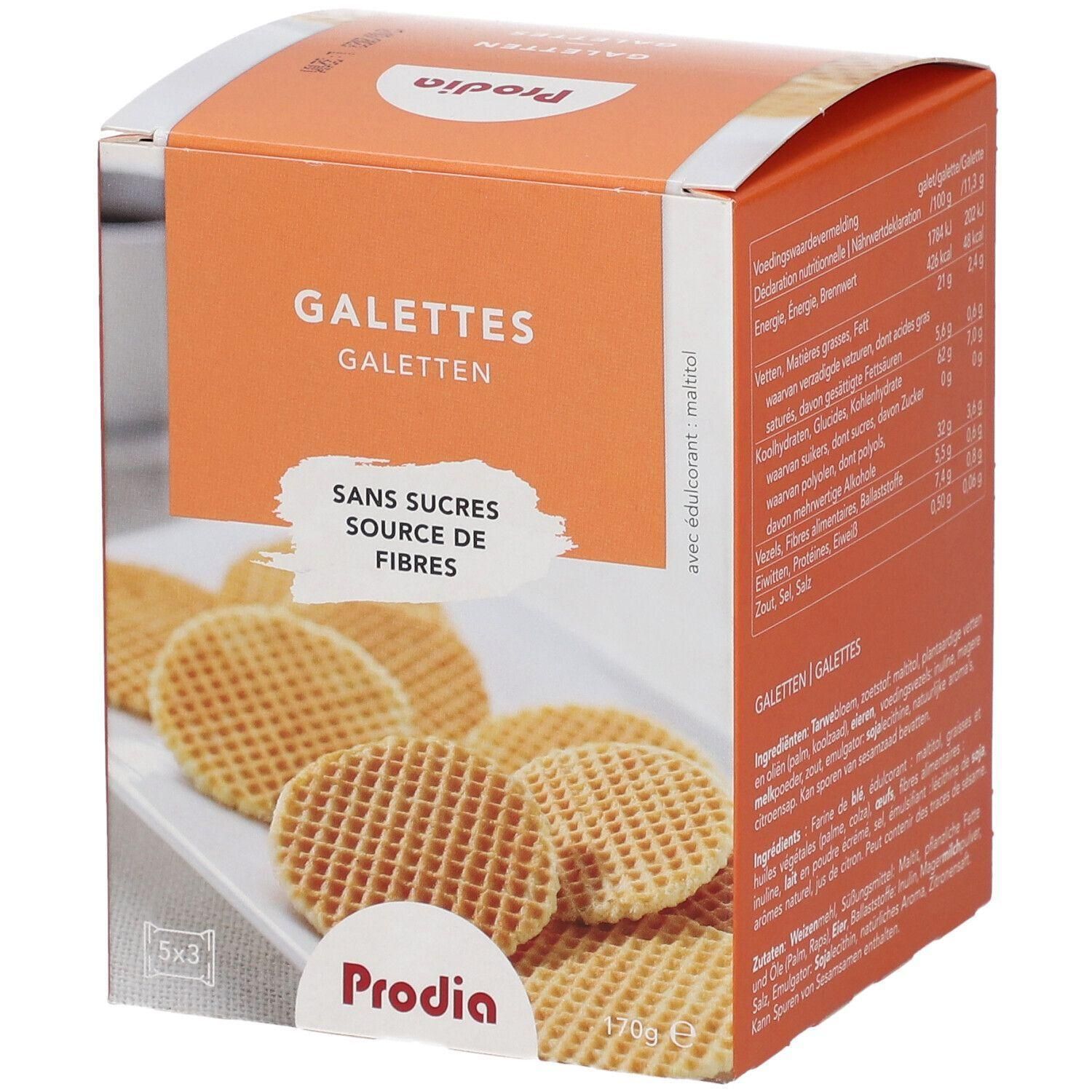Boîte de galettes Prodia. Inscription : Sans sucres, source de fibres. Emballage orange avec informations nutritionnelles.