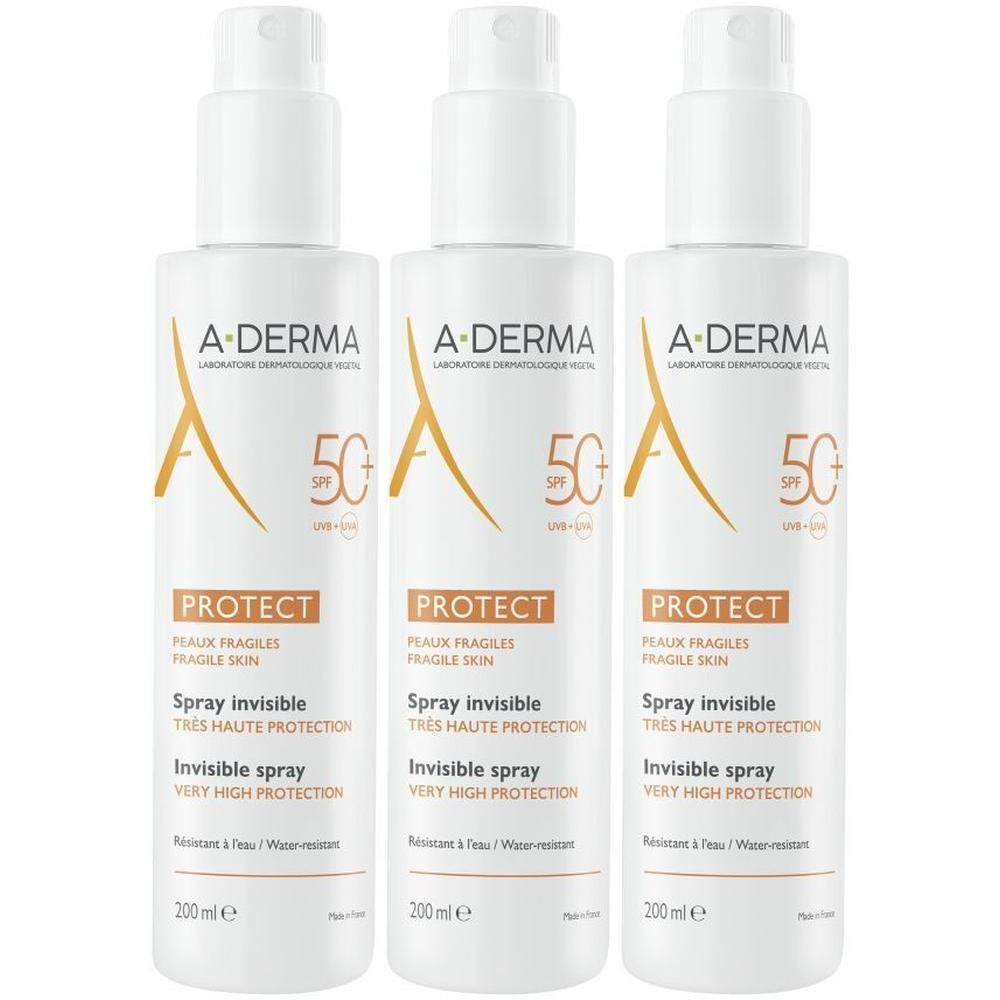 Trois sprays blancs A-DERMA Protect SPF50+. Inscription: Spray invisible, Très haute protection solaire, Peaux fragiles.