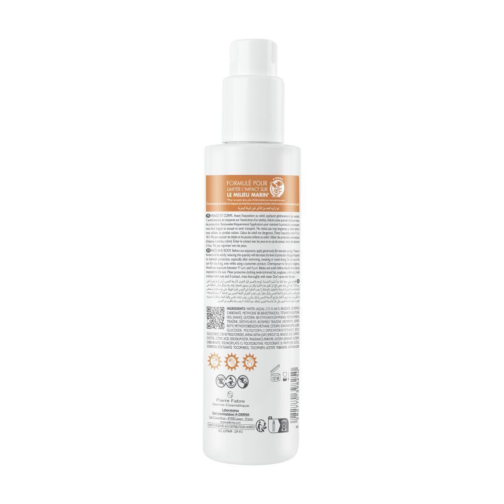 Dos d'un spray blanc. Texte: Formule pour le milieu marin. Logos et informations.