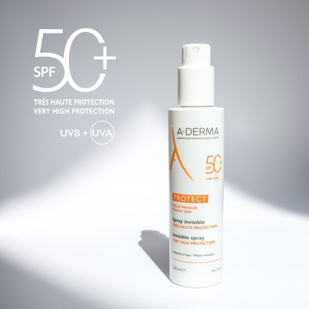 Spray blanc A-DERMA SPF50+. Texte: Très haute protection, UVB + UVA, Spray invisible.
