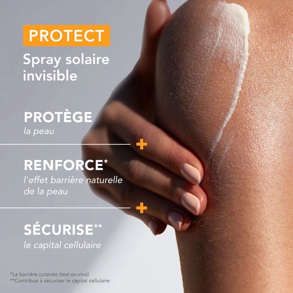 Bras avec texte: PROTECT, Spray solaire invisible. Texte: Protège la peau, Renforce, Sécurise.