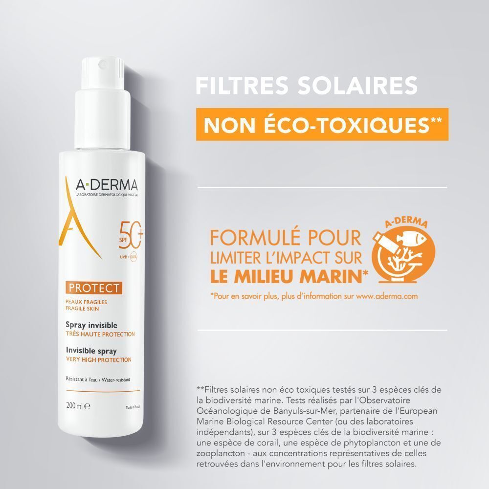 Spray avec texte: Filtres solaires non éco-toxiques. Texte: Formule pour limiter l'impact sur le milieu marin.