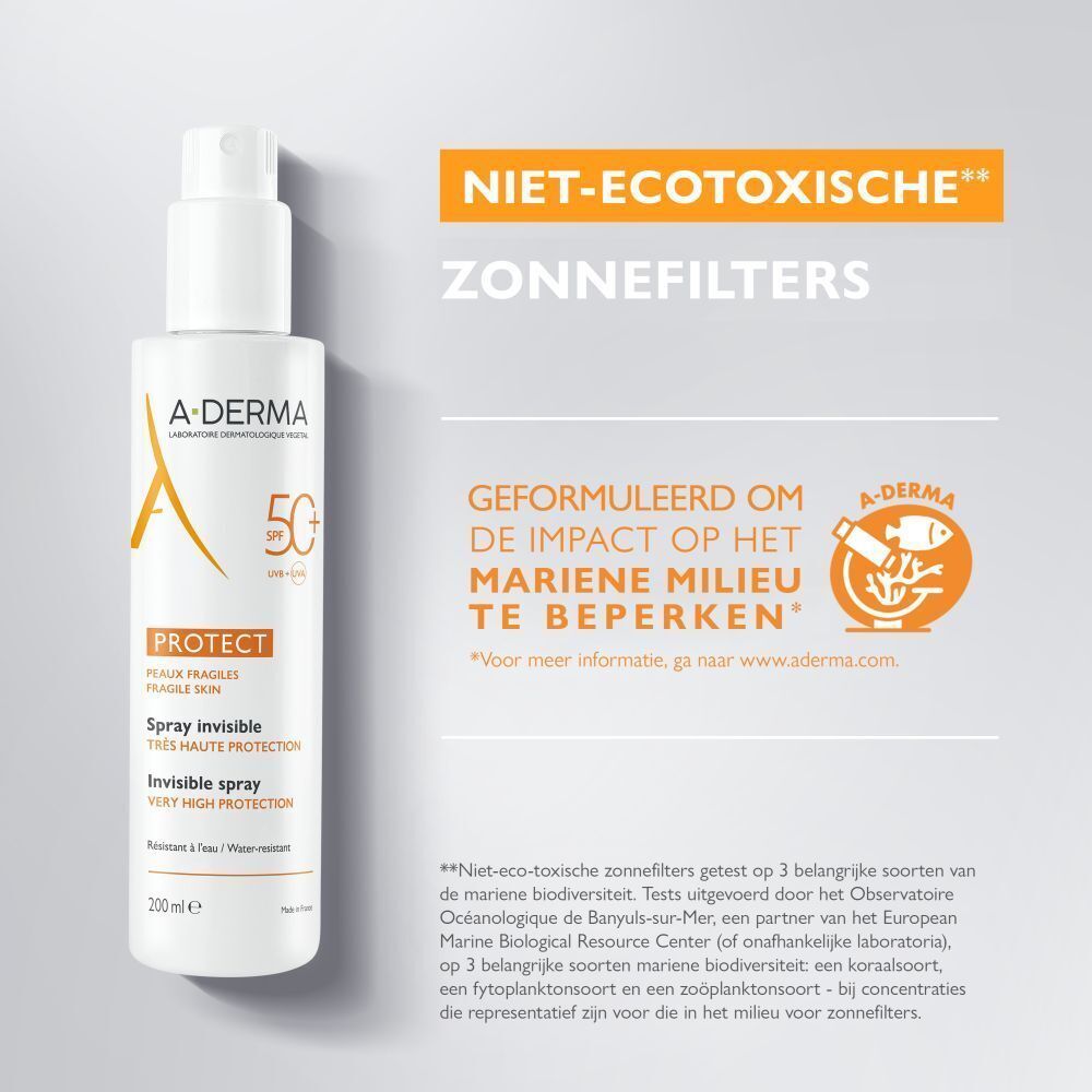 Spray met tekst: Niet-ecotoxische zonnefilters. Tekst: Formule om de impact op het mariene milieu te beperken.