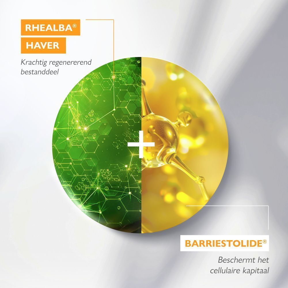 Grafiek met tekst: RHEALBA HAVER, krachtig regenererend bestanddeel. Grafiek met BARRIESTOLIDE.