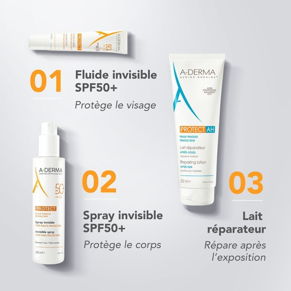 Trois produits: 01 Fluide invisible SPF50+, 02 Spray invisible SPF50+, 03 Lait réparateur.