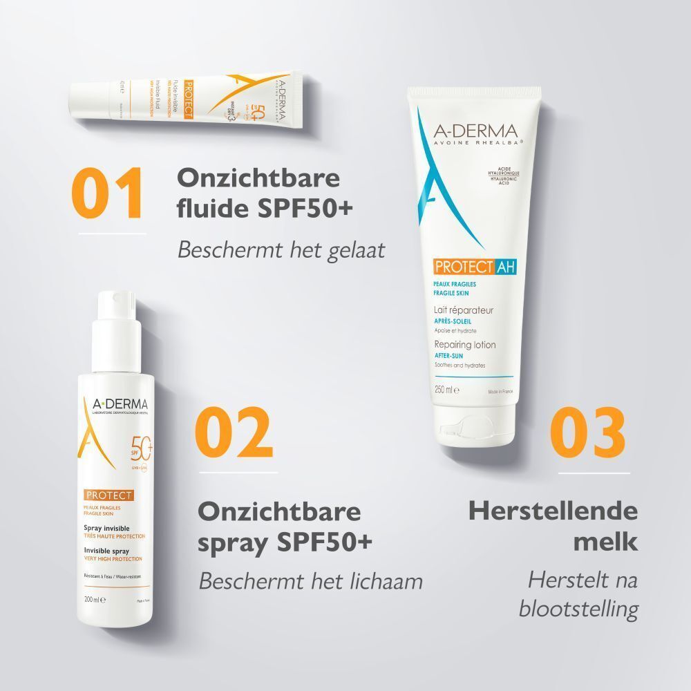 Drie producten: 01 Onzichtbare fluide SPF50+, 02 Onzichtbare spray SPF50+, 03 Herstellende melk.