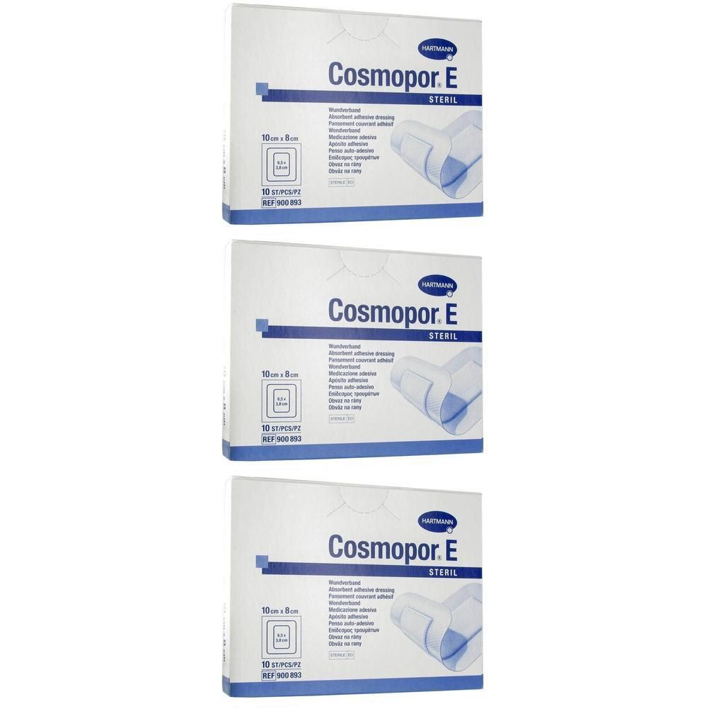 Drie dozen Cosmopor E, steriele zelfklevende verbanden. Afmeting 10 x 8 cm. Opschrift: STERILE.