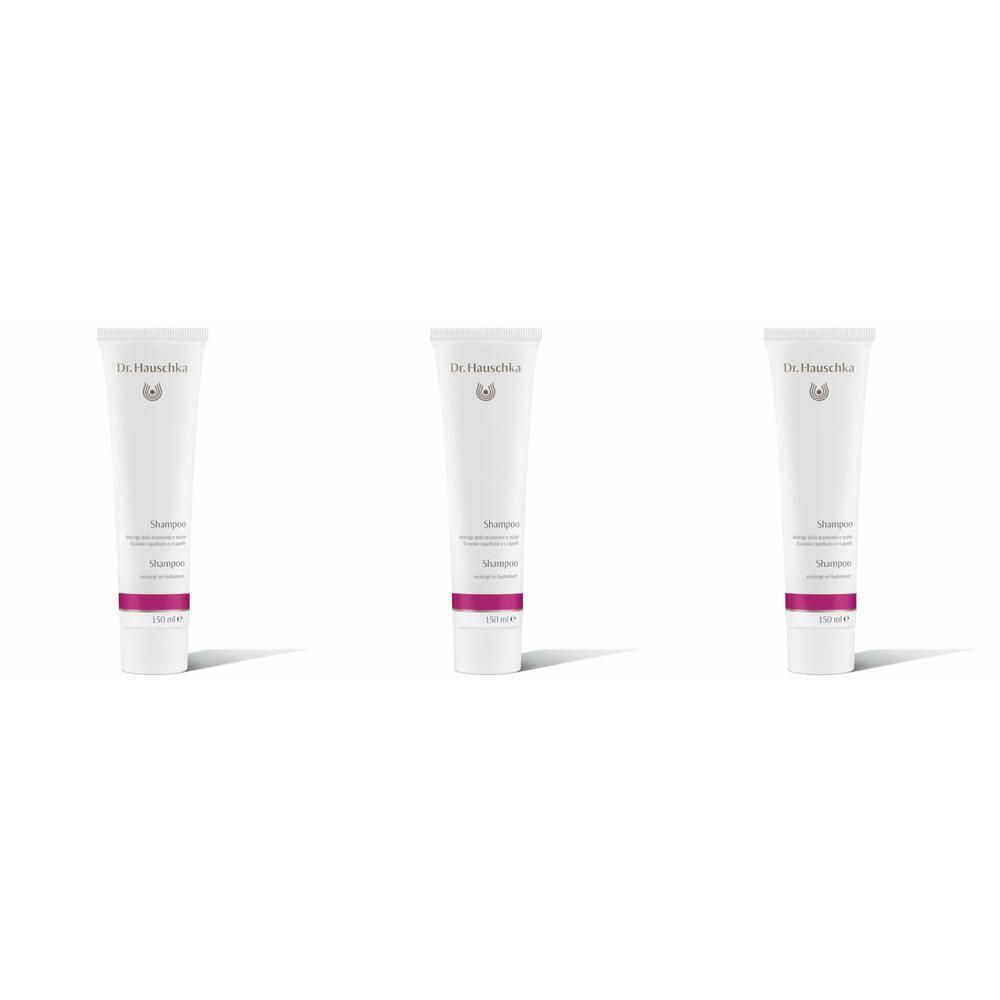 Drie witte tubes shampoo, met paarse streep en tekst. Merk: Dr. Hauschka. Opschrift: Shampoo, 150 ml.