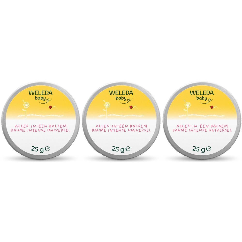 Trois boîtes rondes en métal avec couvercle jaune. Inscription: WELEDA baby, Alles-in-één Balsem, Baume Intense Universel, 25 ge.