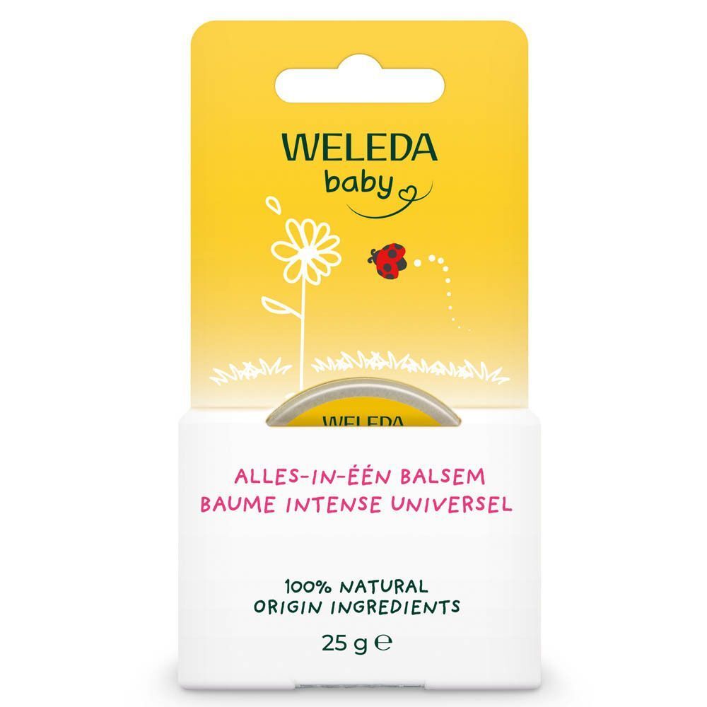 Productverpakking met doos. Opschrift: WELEDA baby, Alles-in-één Balsem, Baume Intense Universel, 25 ge, 100% NATURAL ORIGIN INGREDIENTS.