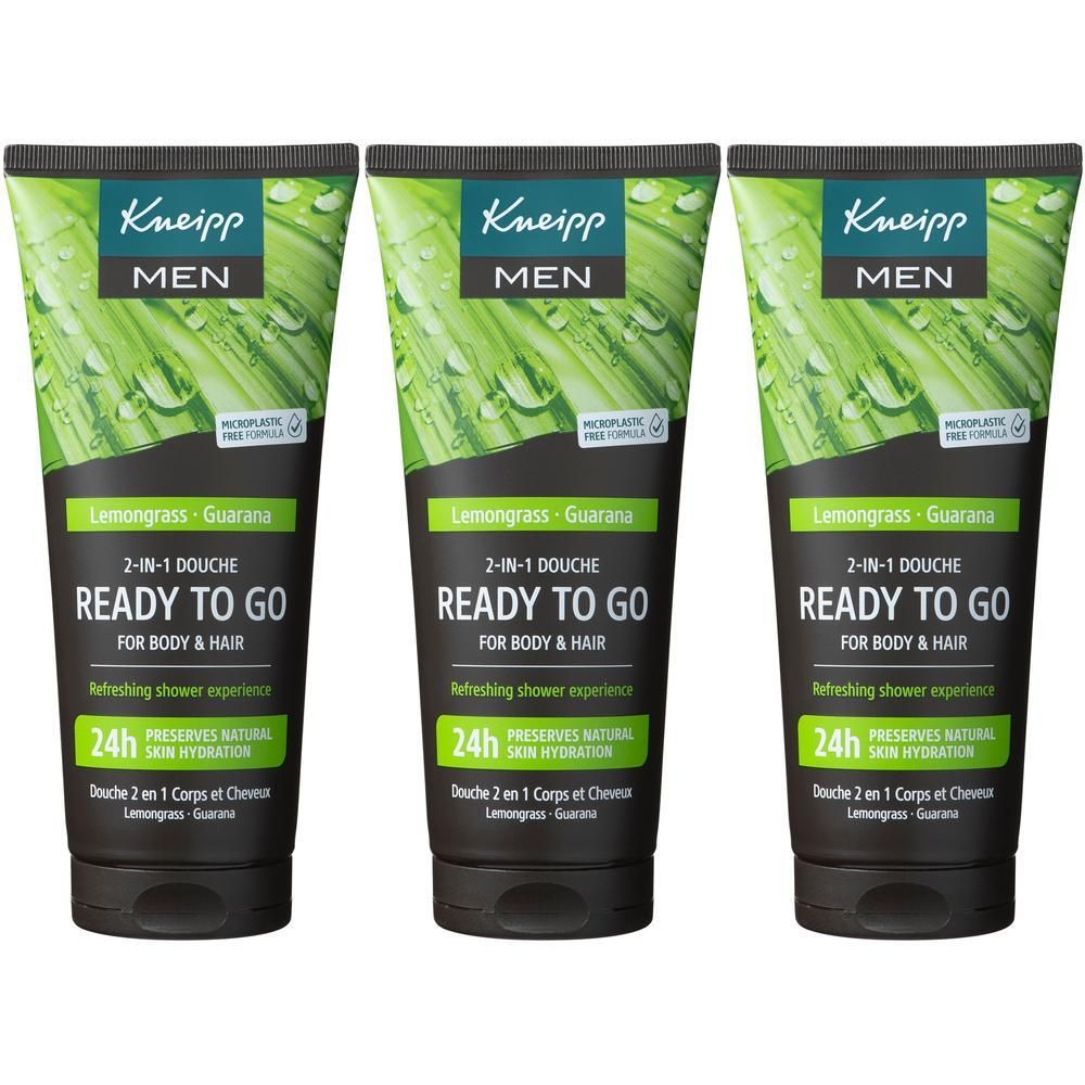 Trois tubes de gel douche Kneipp Men. Emballage vert et noir. Inscription : Lemongrass, Guarana, Ready to Go, 2-en-1.