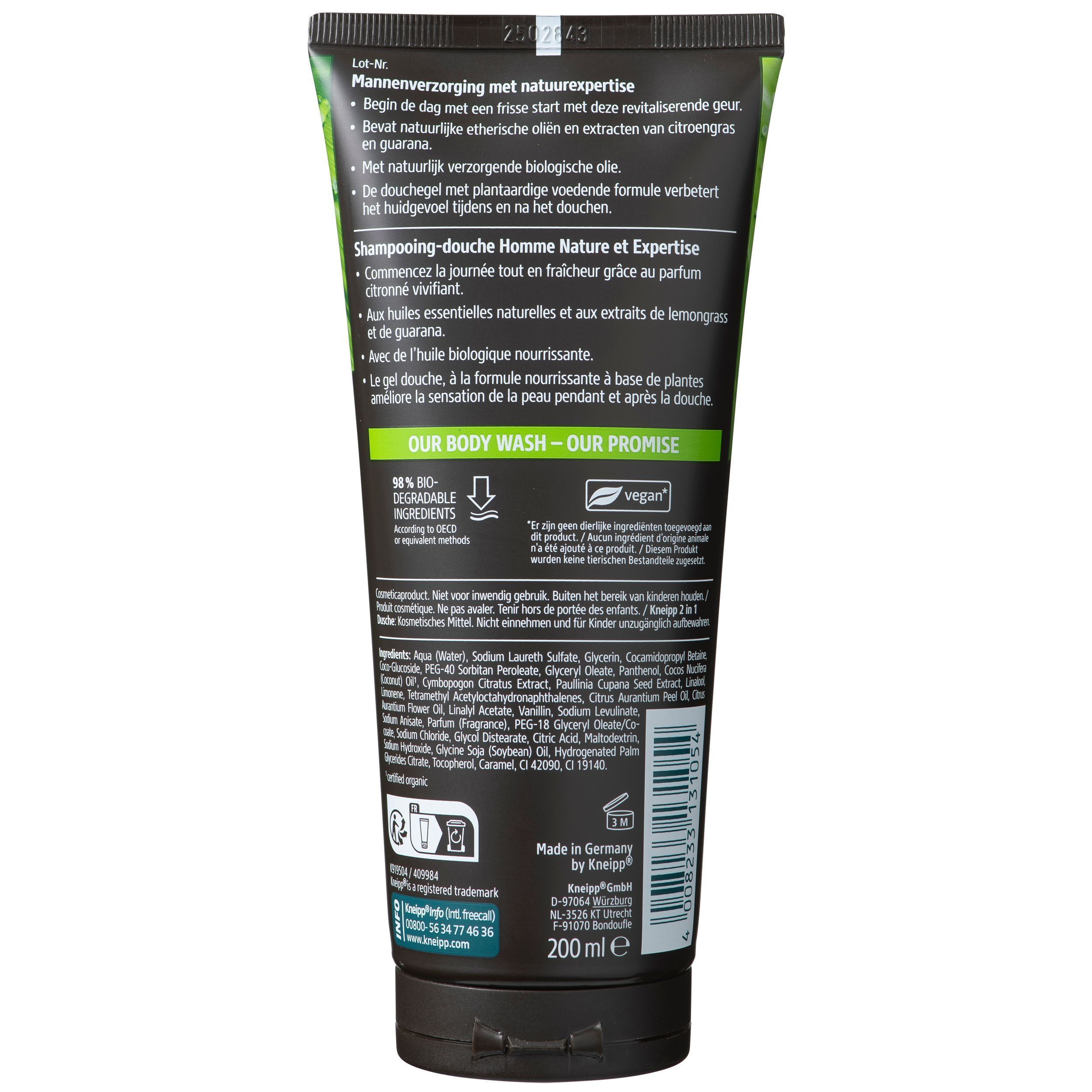 Dos d'un tube de gel douche Kneipp Men. Texte en allemand et en français. Contient des informations sur les ingrédients et les certifications.