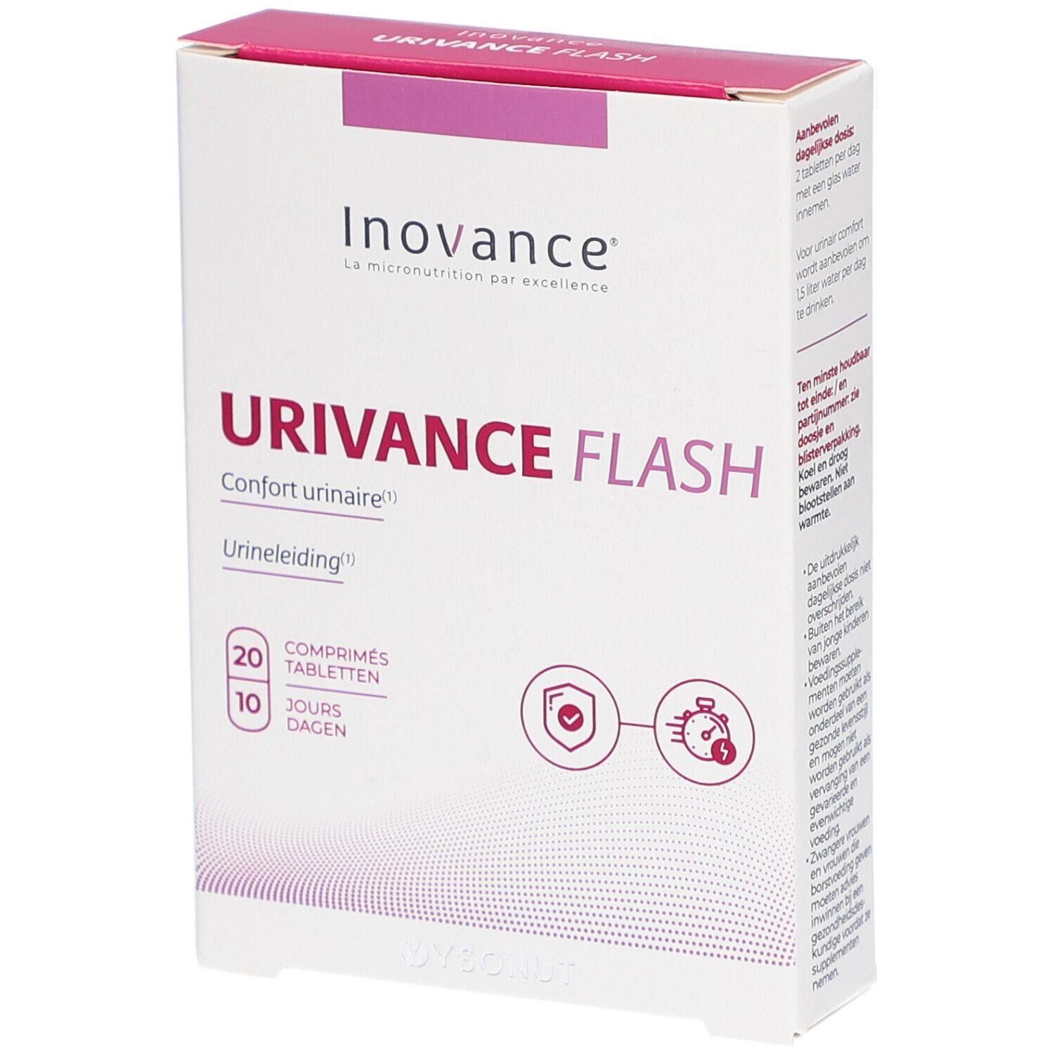 Boîte Inovance Urivance Flash. Inscription Urivance Flash, 20 comprimés, 10 jours. Logo et pictogrammes de protection.