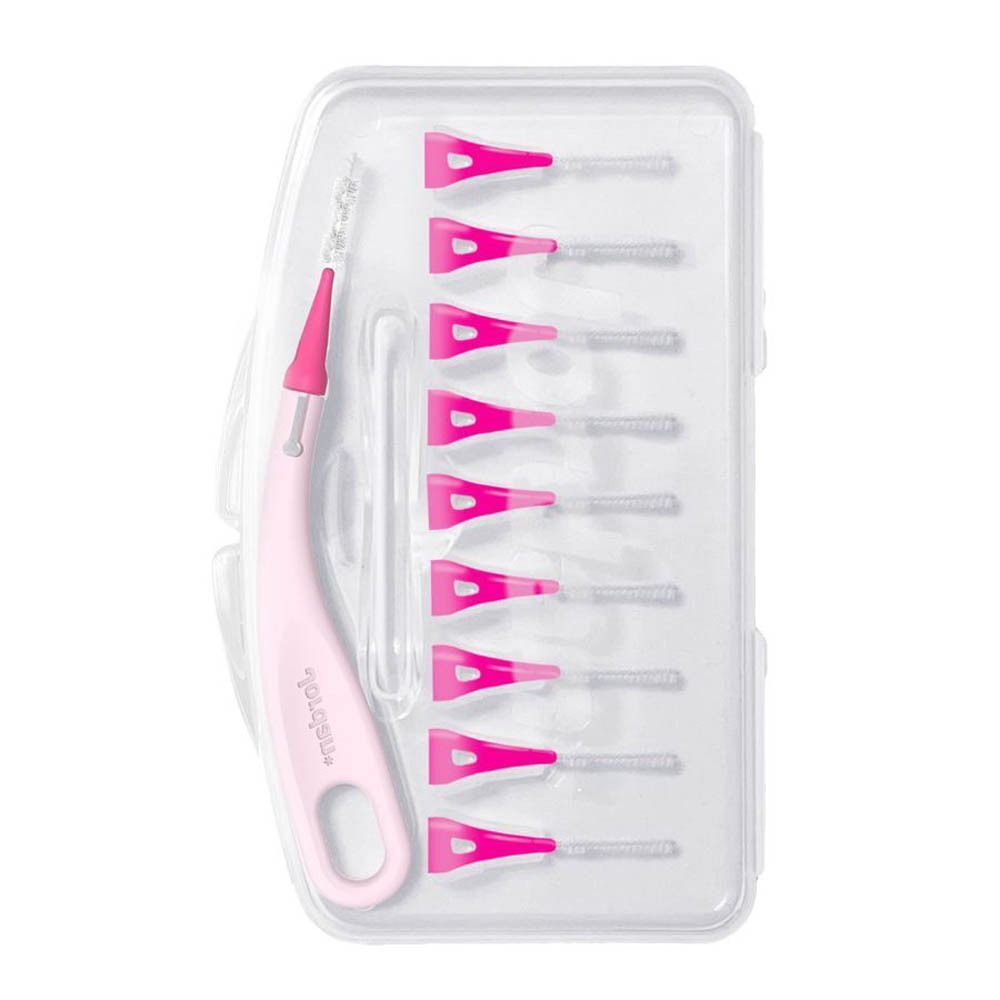 Roze interdentale borstelset met handvat en navullingen. De borstels zijn gerangschikt in een transparante hoes.