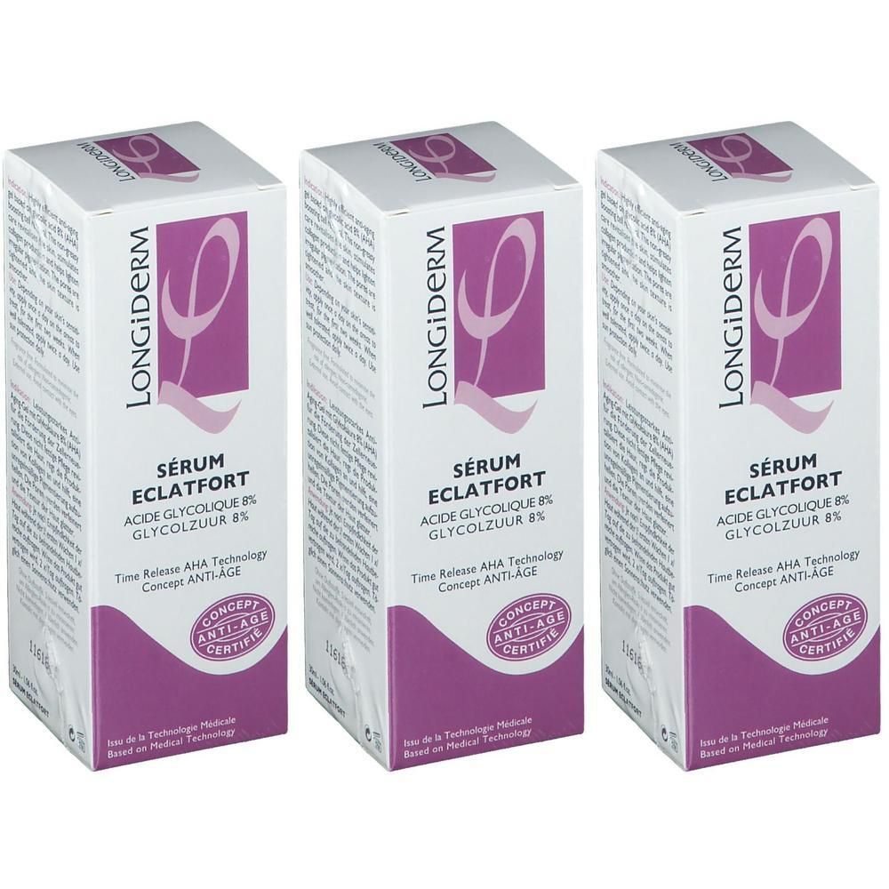 Drie witte dozen met paarse accenten. Opschrift: LONGIDERM, SÉRUM ECLATFORT, Acide Glycolique 8%. Anti-Age certificering.