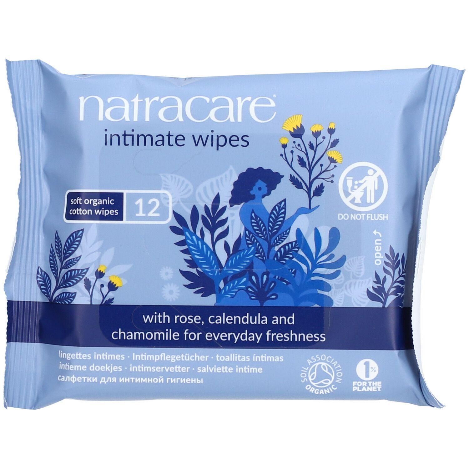 Paquet bleu clair de lingettes intimes Natracare. Contient 12 lingettes. Illustrations florales et femme. Texte : "Intimate wipes".
