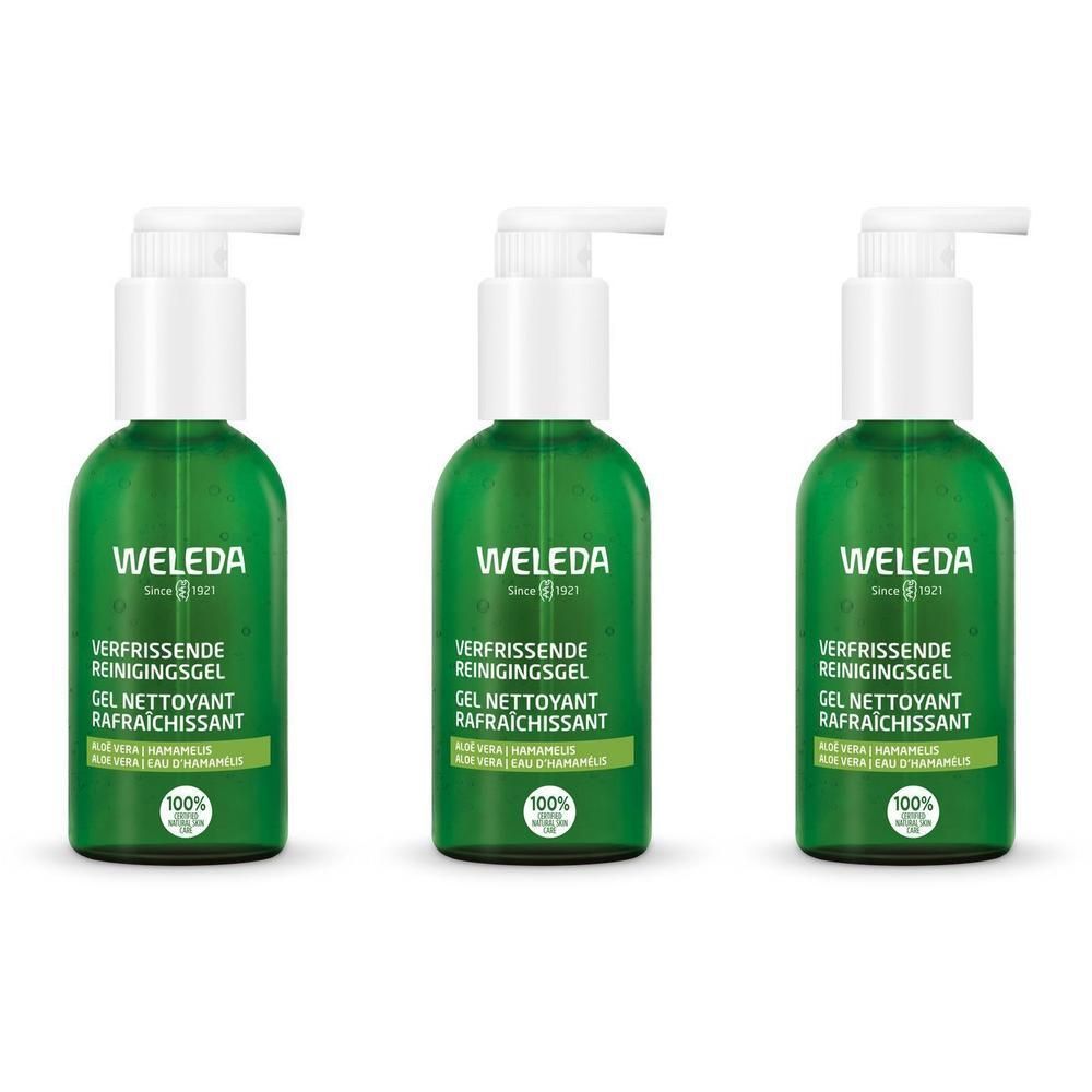 Trois flacons verts avec pompe blanche. Chaque flacon porte l'inscription "WELEDA" et "GEL NETTOYANT RAFRAICHISSANT".