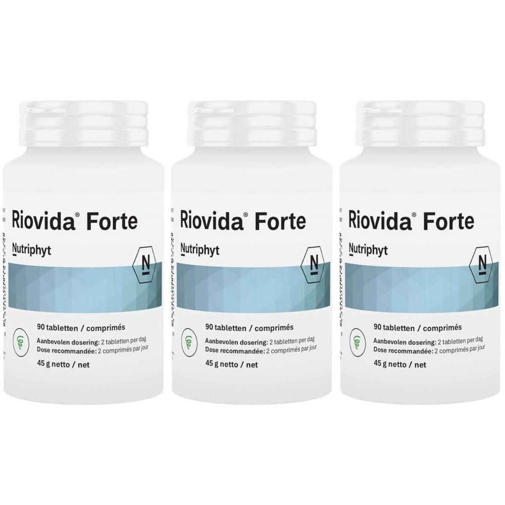 Trois flacons blancs avec l'inscription Riovida Forte et Nutriphyt. Chaque flacon a une bande bleue et du texte en plusieurs langues.