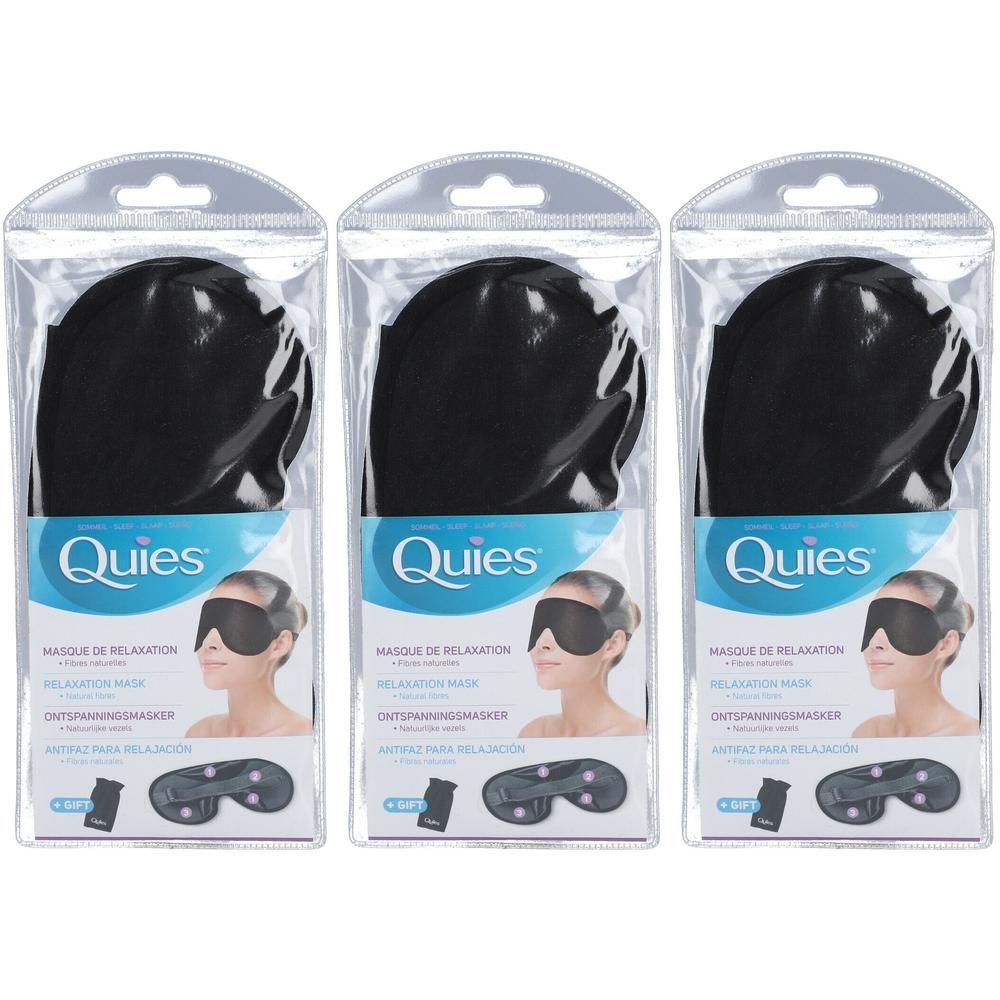 Drie zwarte Quies ontspanningsmaskers in plastic verpakking. Op de verpakking staat het Quies logo en een afbeelding van een persoon met masker.