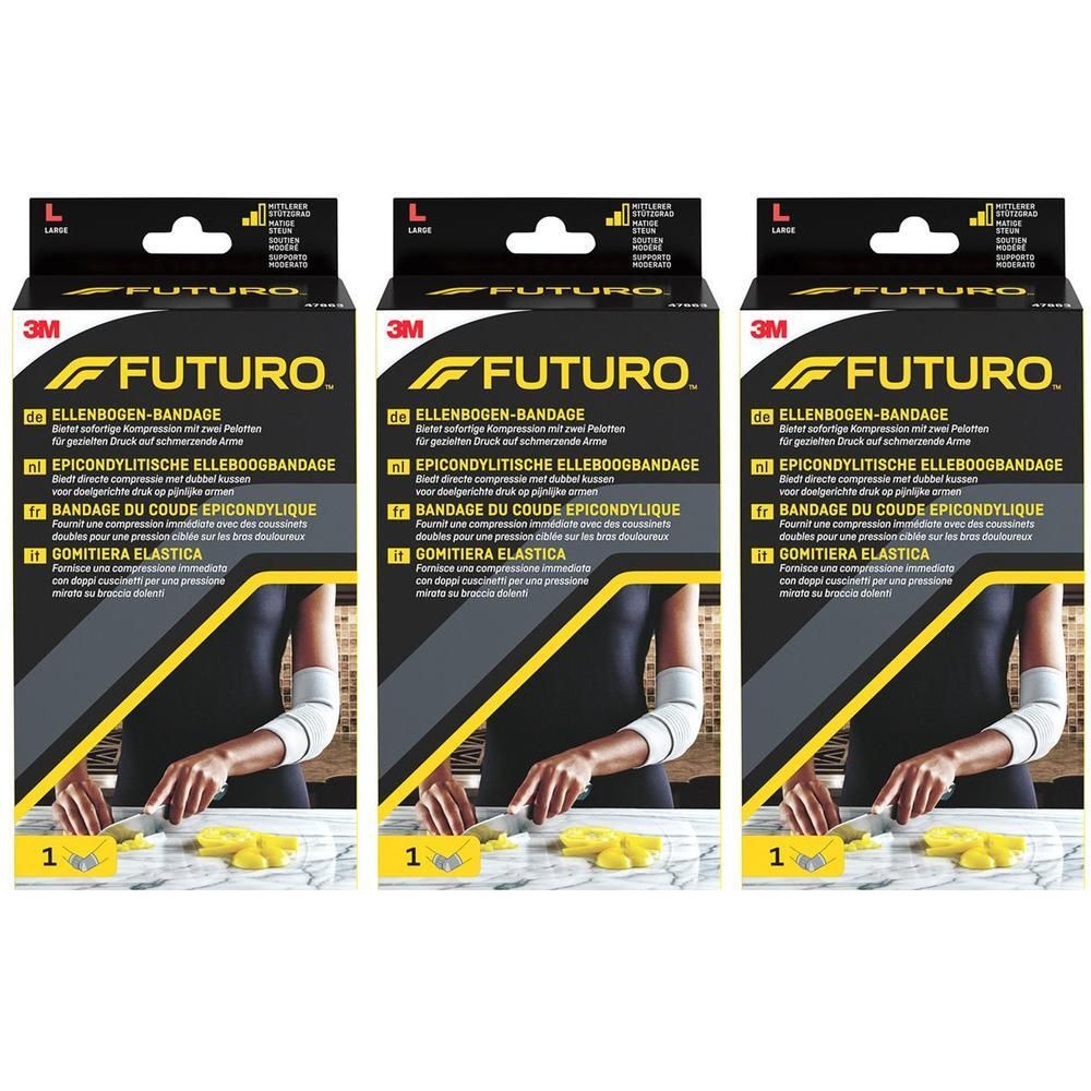Drie FUTURO elleboogbandages in verpakking. Maat L. Zwarte verpakking met gele accenten. Productafbeelding en tekst.