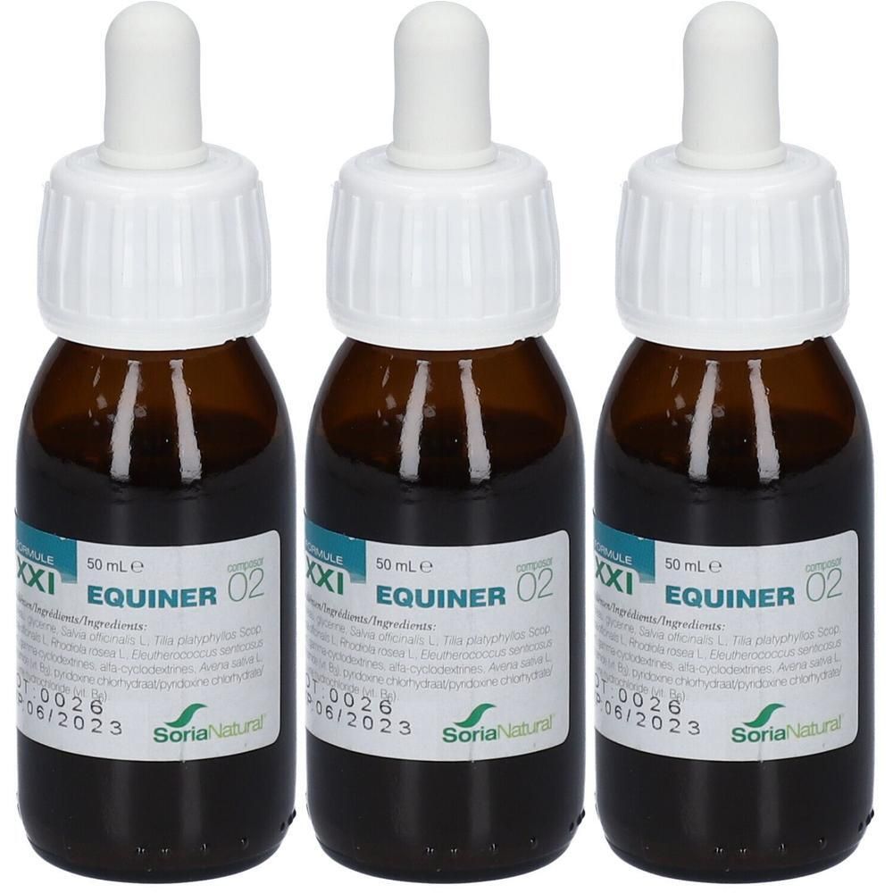 Trois flacons en verre brun avec compte-gouttes blancs. Étiquettes avec EQUINER 02 et Soria Natural. Volume: 50 ml.