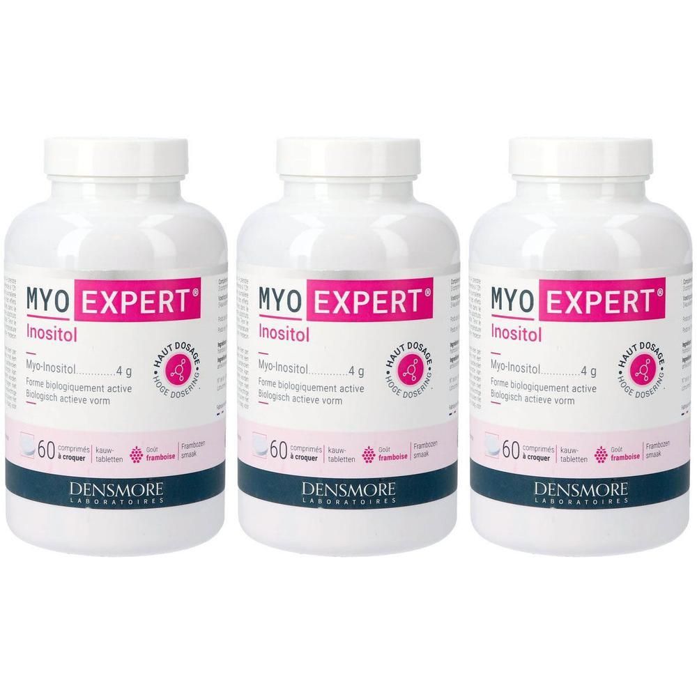 Trois flacons de Myo Expert Inositol. Flacons blancs avec étiquettes roses. Inscription: MYO EXPERT, Inositol, 60 comprimés.
