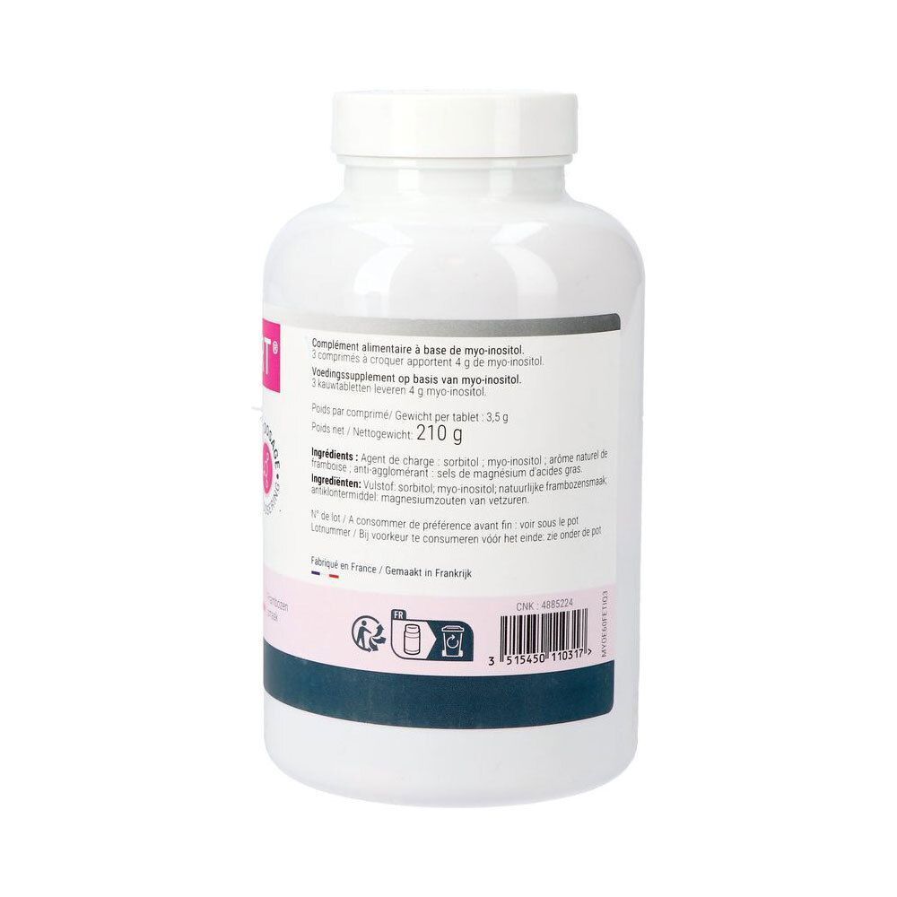 Achterkant van een witte fles Myo Expert Inositol. Roze etiket met tekst. Nettogewicht: 210 g. Ingrediënten en fabrikantinfo.