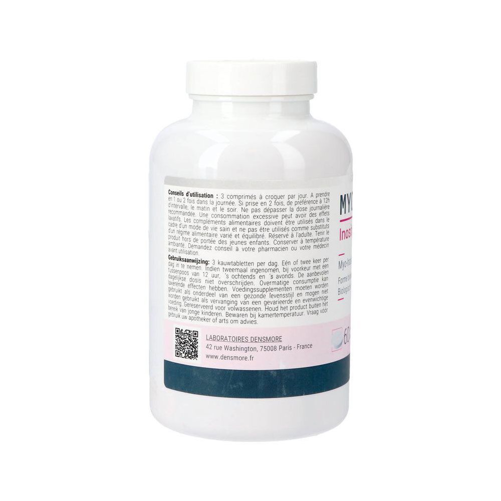 Vue arrière d'un flacon blanc de Myo Expert Inositol. Étiquette rose avec texte. Conseils d'utilisation et adresse du fabricant.