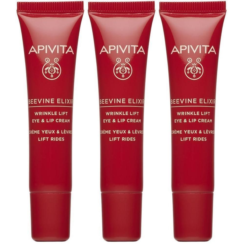 Drie tubes Apivita Beevine Elixir Crème Yeux & Lèvres Lift Rides. Rode tubes met witte tekst.