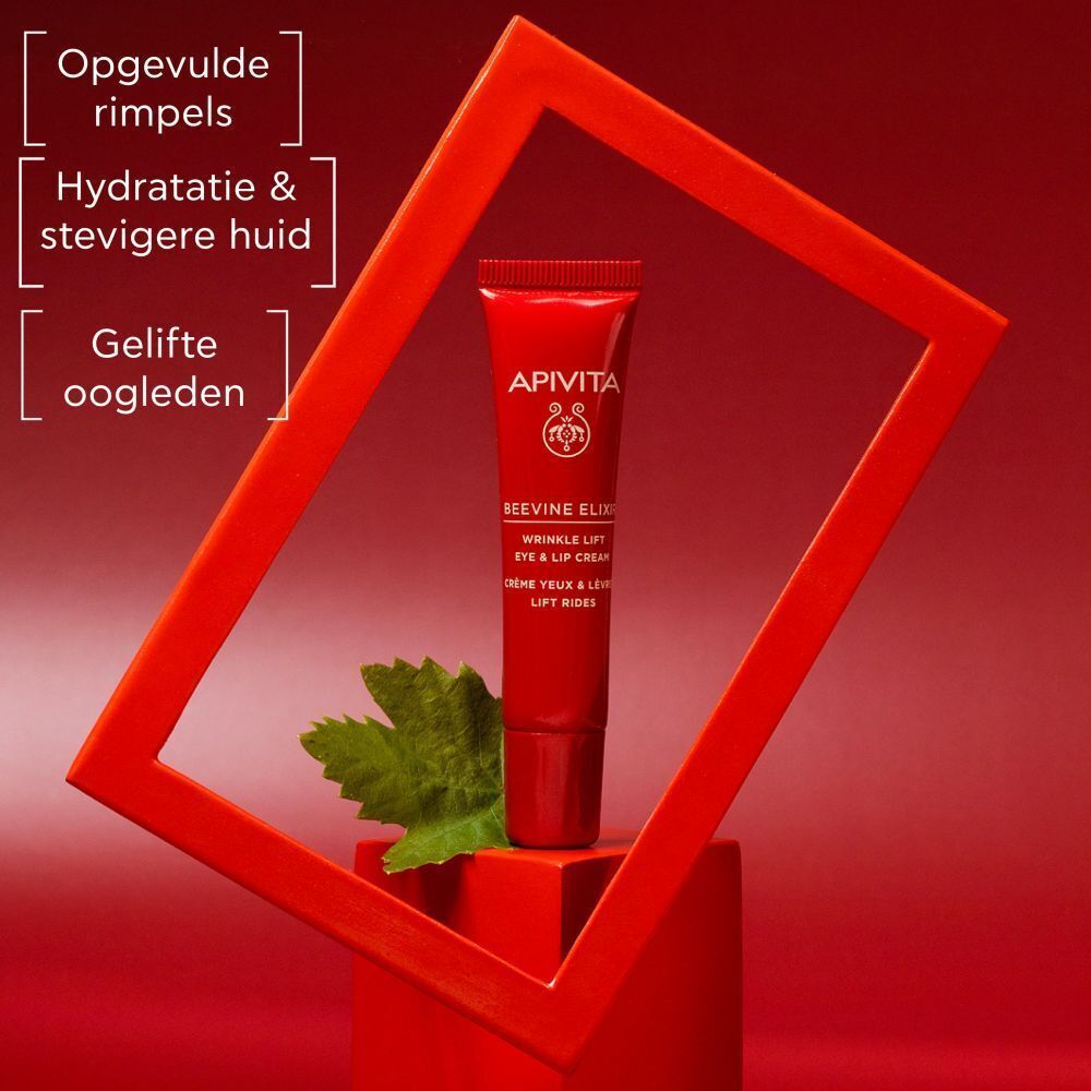 Rode tube Apivita Beevine Elixir Crème Yeux & Lèvres Lift Rides in rood kader. Tekst: Opgevulde rimpels.