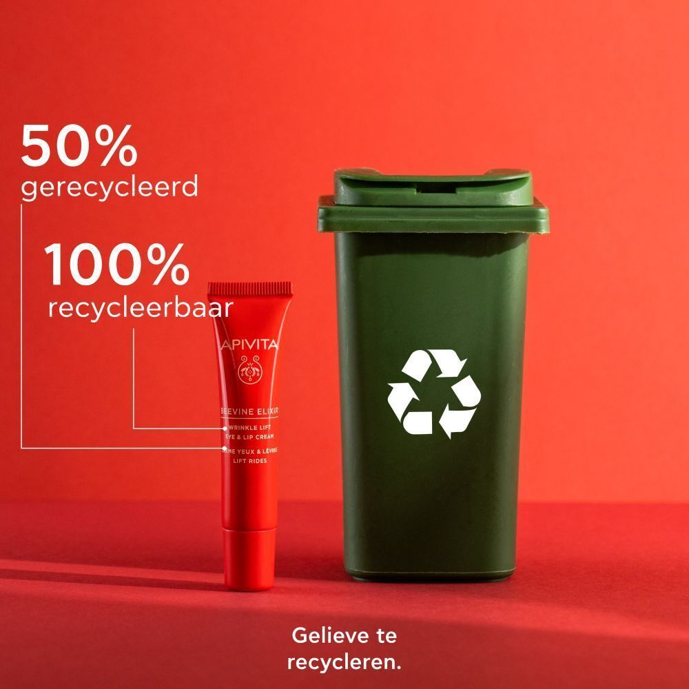 Rode tube Apivita Beevine Elixir Crème Yeux & Lèvres Lift Rides naast groene vuilnisbak. Tekst: 50% gerecycled.