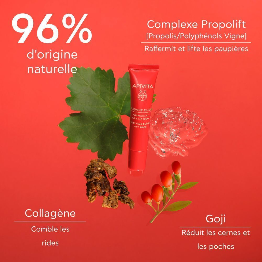 Tube rouge Apivita Beevine Elixir Crème Yeux & Lèvres Lift Rides avec feuilles et ingrédients. Texte: 96% d'origine naturelle.